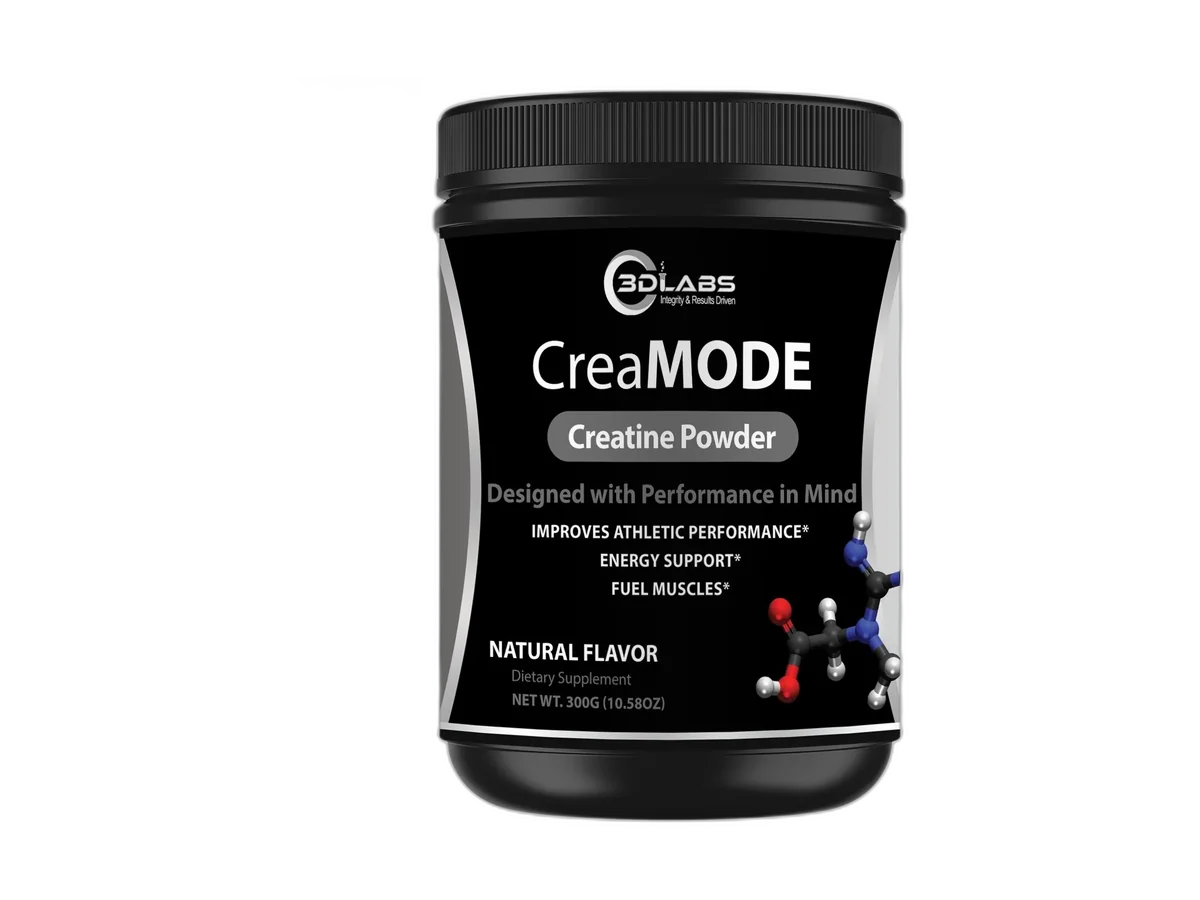 Black tub of 3D Labs Nutrition CreaMode unflavored creatine powder, isolated on a transparent background.