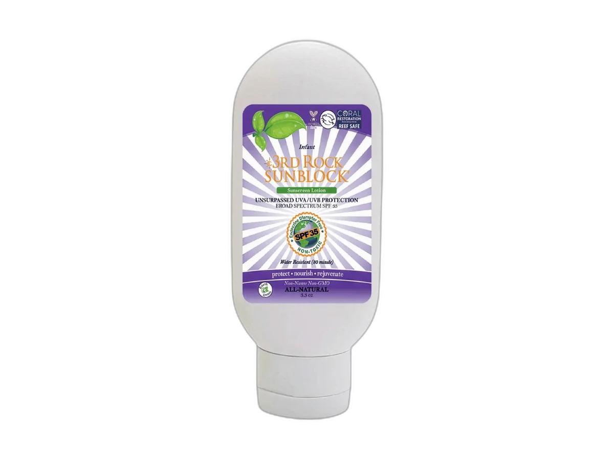 Single bottle of 3rd Rock Sunblock Infant Sunscreen on a transparent background.