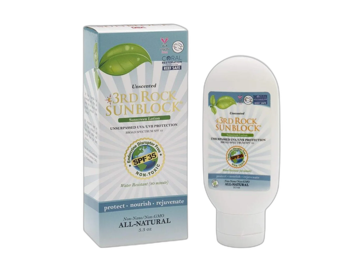 3rd Rock Unscented Sunblock sunscreen bottle and carton.