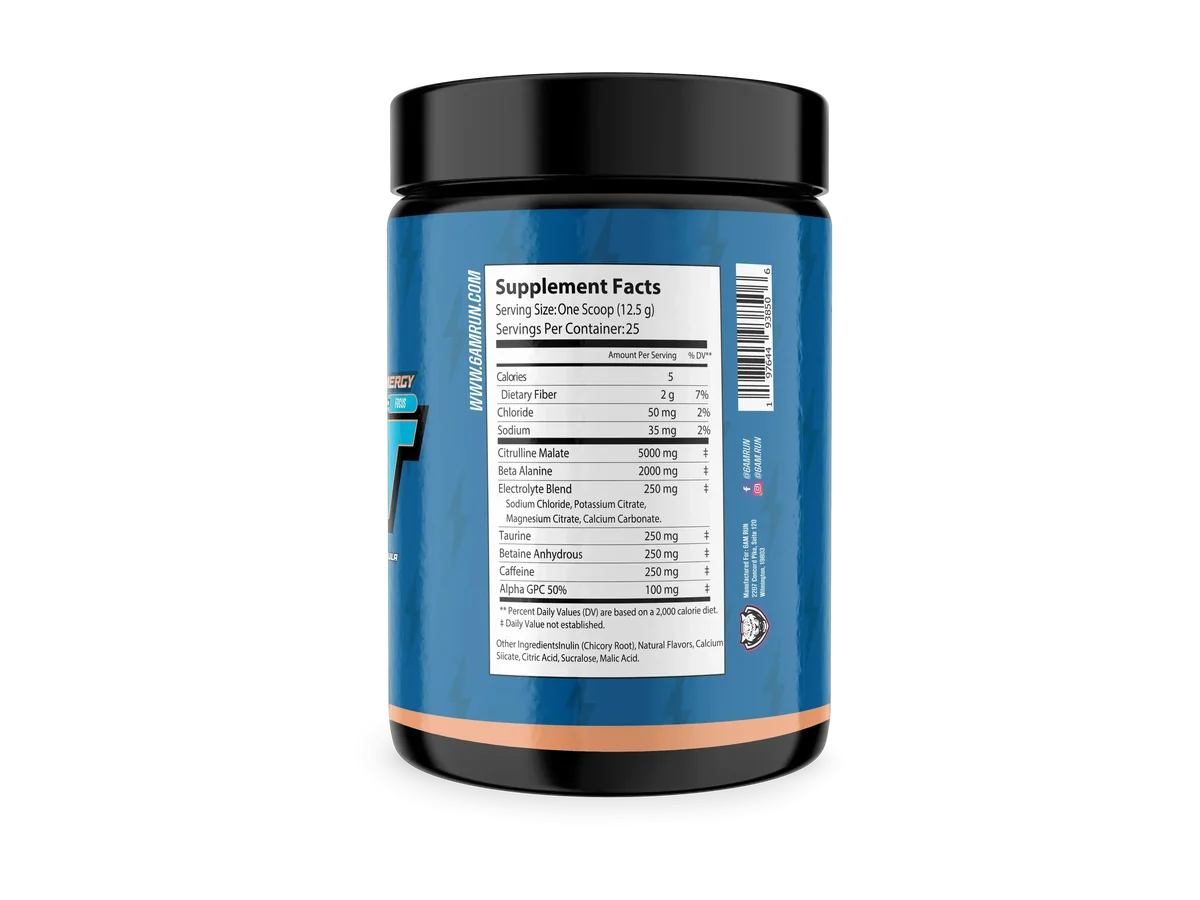 6AM RUN BOLT pre-workout tub, showing the product's current supplement facts label