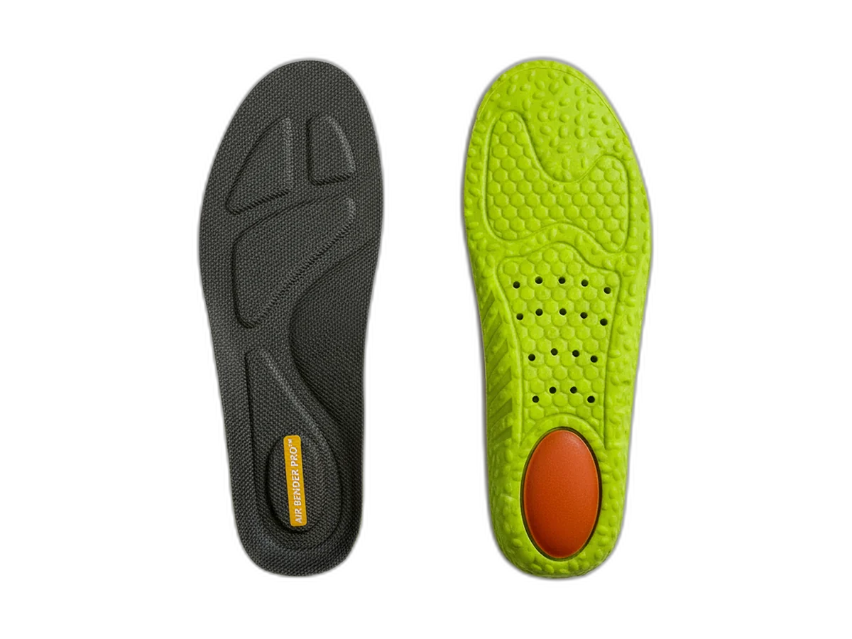 Pair of Air Bender Pro orthotic insoles, black and lime green.