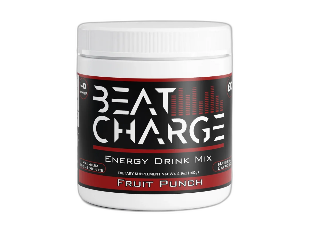 Beat Charge Fruit Punch Energy Drink Mix jar.