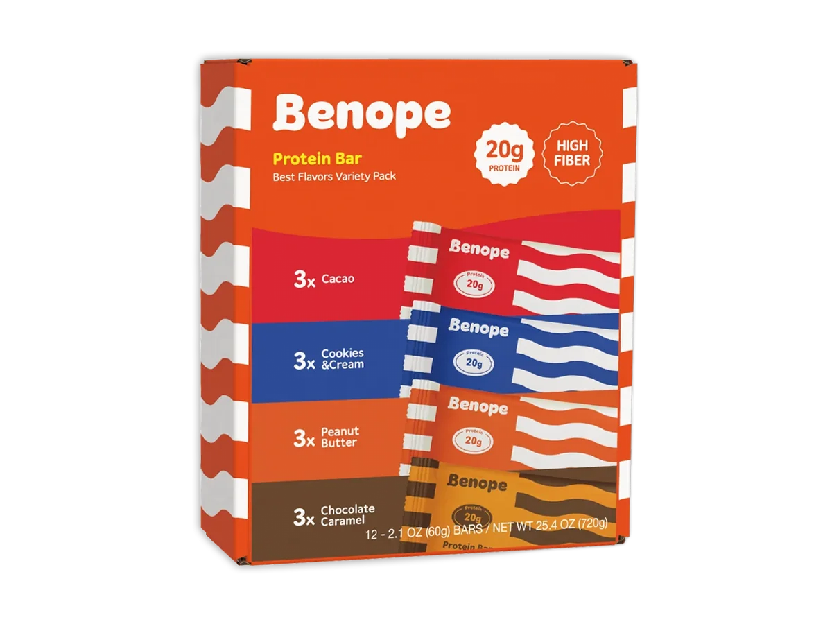 BENOPE Best Flavors Protein Bar Variety Pack carton, cleanly isolated on a transparent background