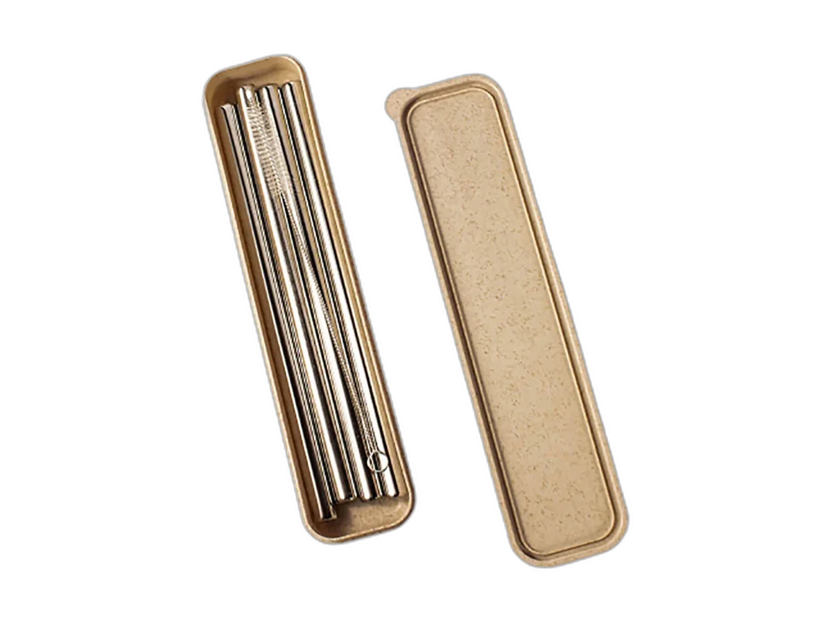 Blossom Bottles Extra-Wide Stainless Steel 4-Piece Smoothie Straws with Wheat Box product image on a transparent background