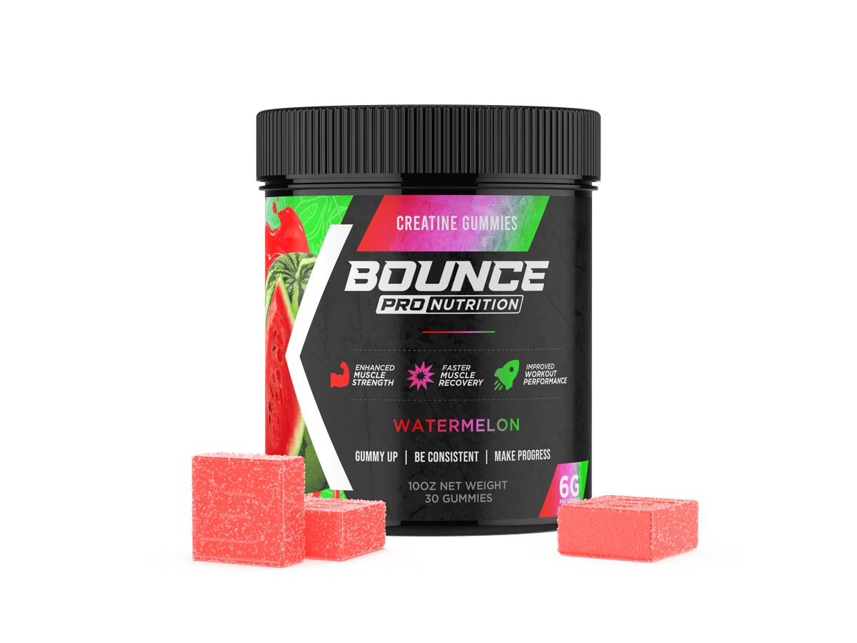 Bounce Pro Nutrition watermelon creatine gummies jar with three red gummies