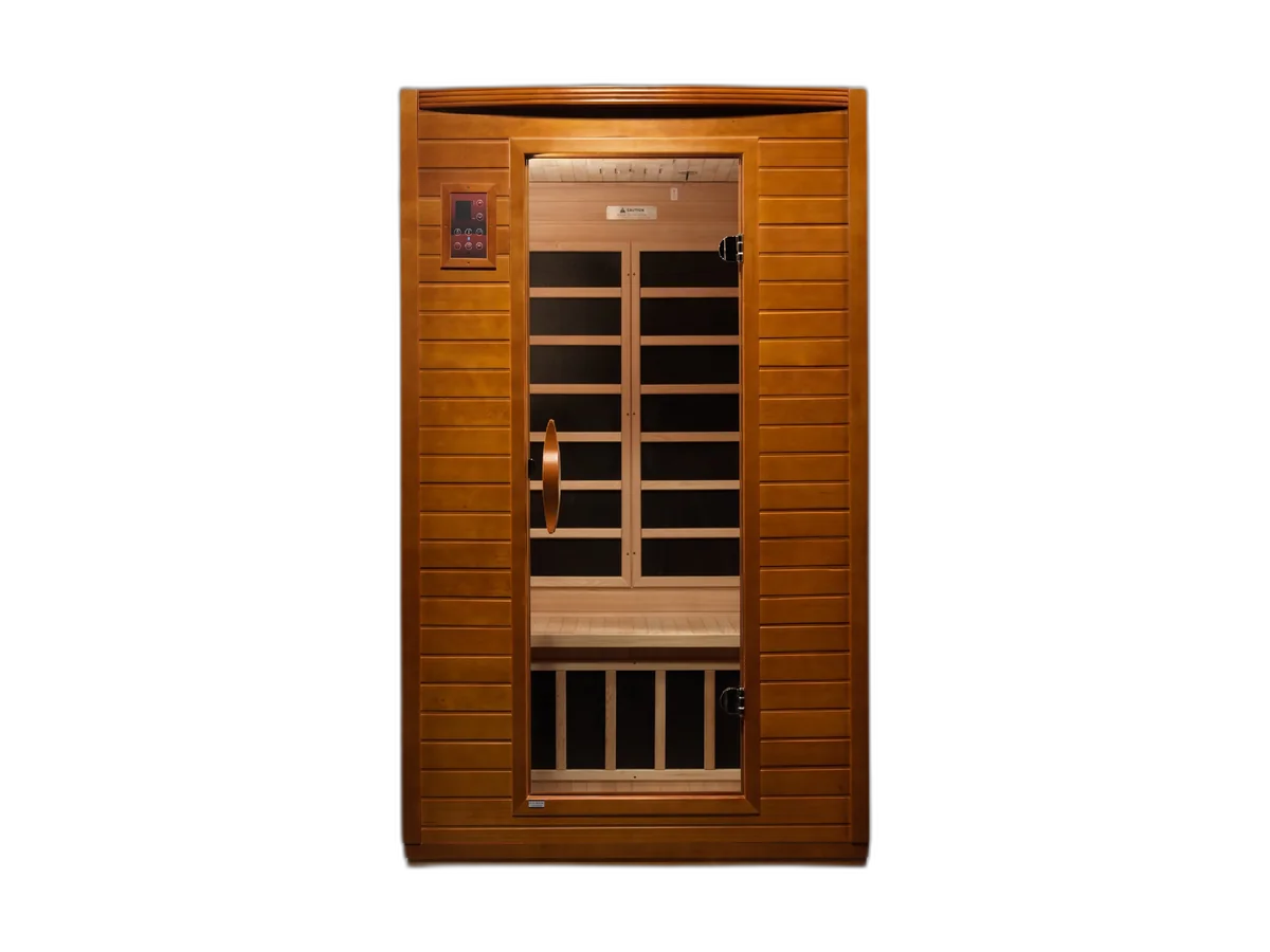 Front view of the Dynamic Versailles DYN-6202-03 infrared sauna cabin