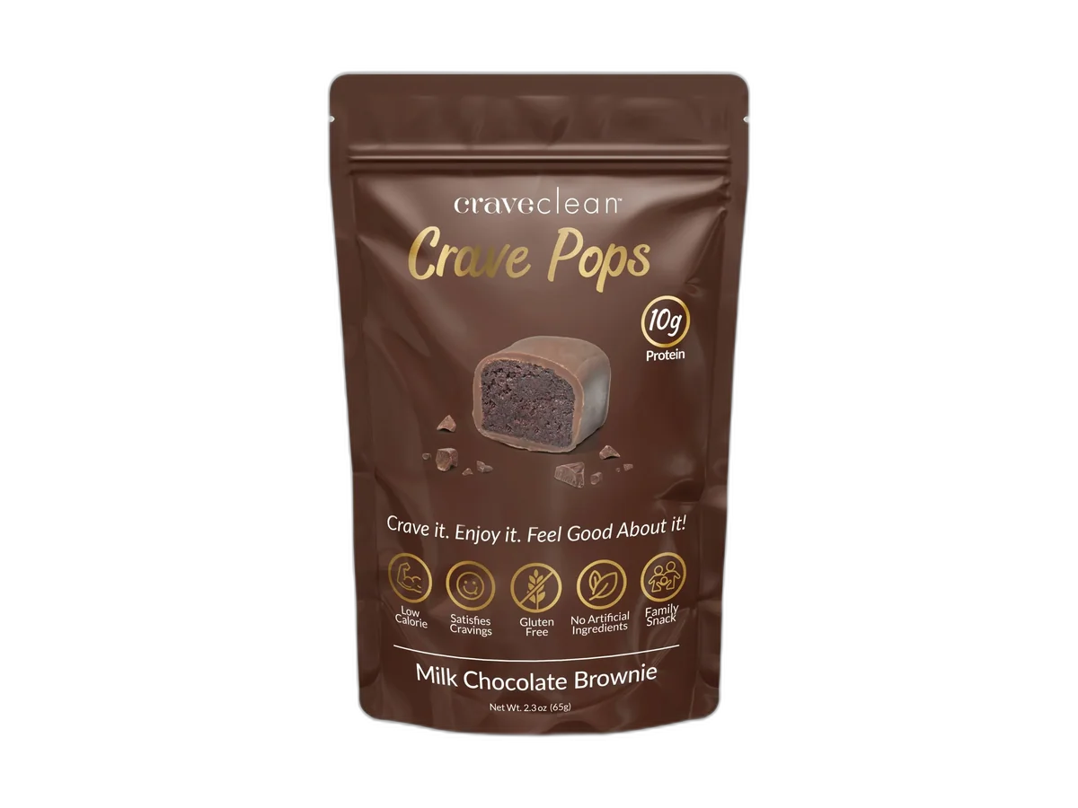 CraveClean Milk Chocolate Brownie Protein Crave Pops pouch on a transparent background