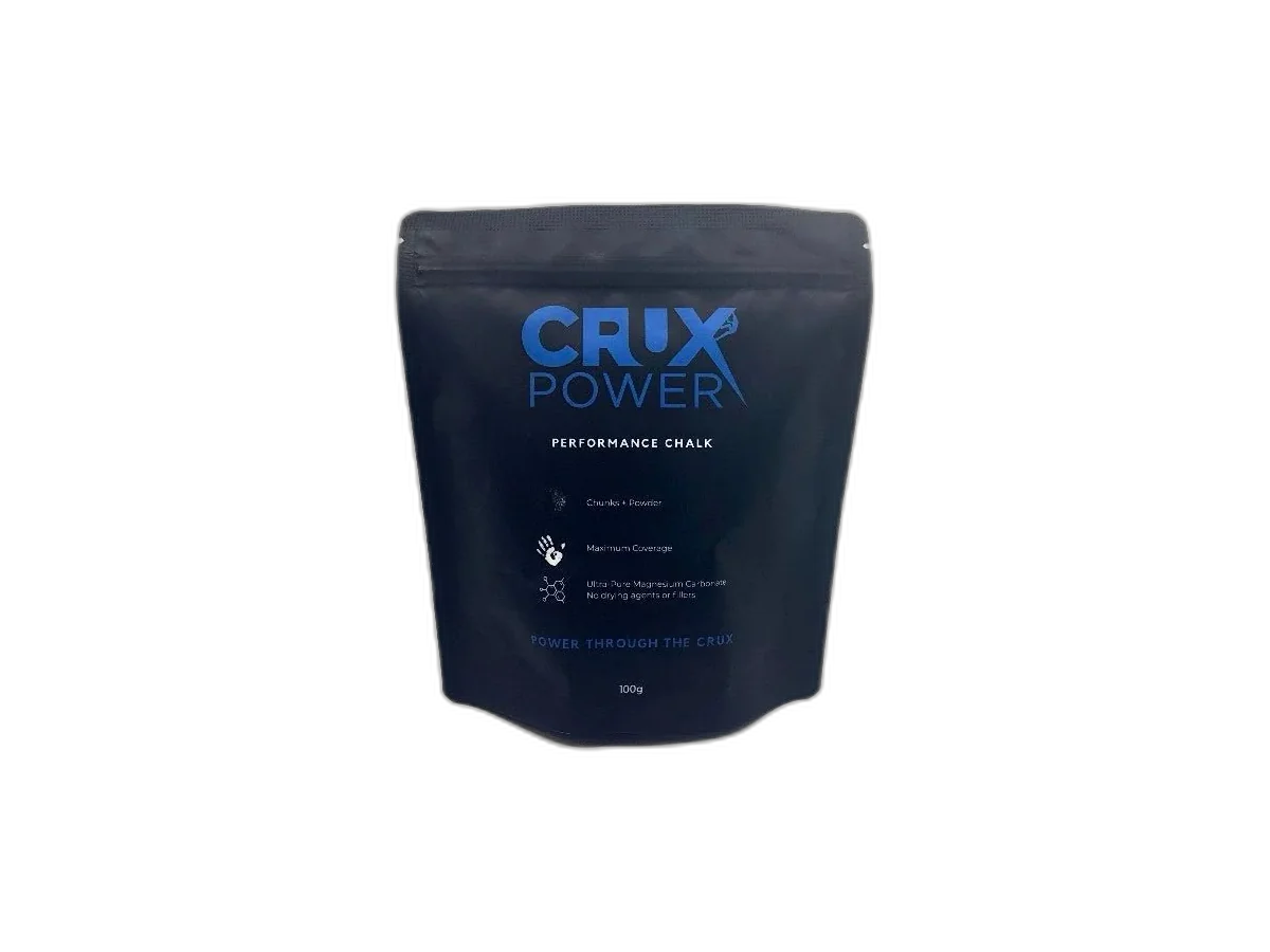 Crux Power Climbing Performance Chalk resealable pouch on a transparent background