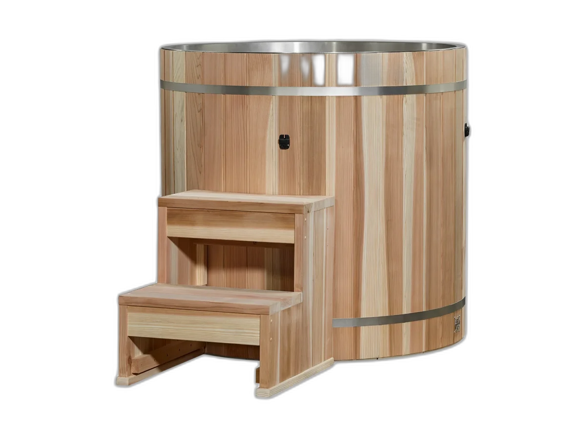 Dynamic Cold Therapy cedar barrel cold plunge with stainless interior and access step