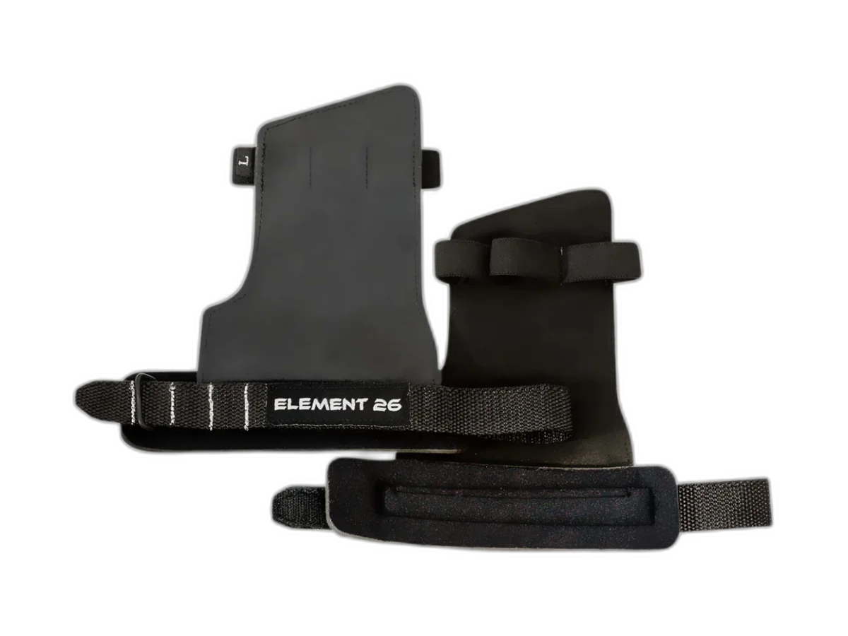 Pair of black Element 26 IsoGrip gymnastic hand grips with finger loops and wrist straps, shown against a plain background.