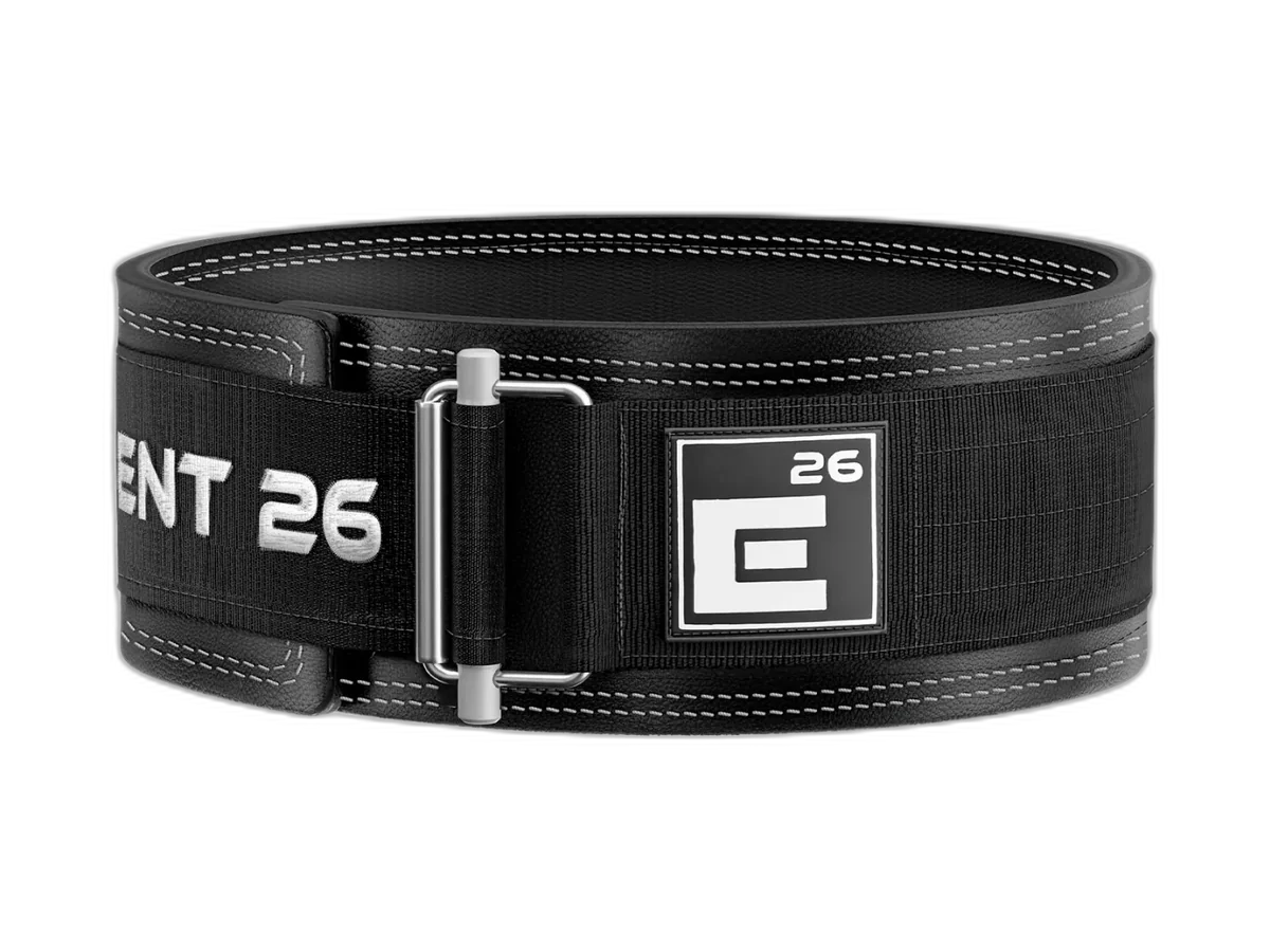 Black Element 26 Hybrid Leather Weightlifting Belt with its self-locking buckle and front logo visible