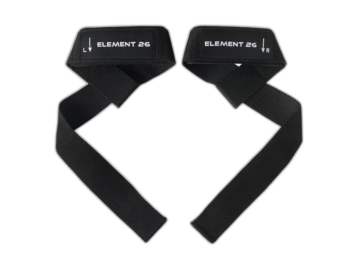 Black Element 26 weight lifting straps shown from above with left and right markings visible