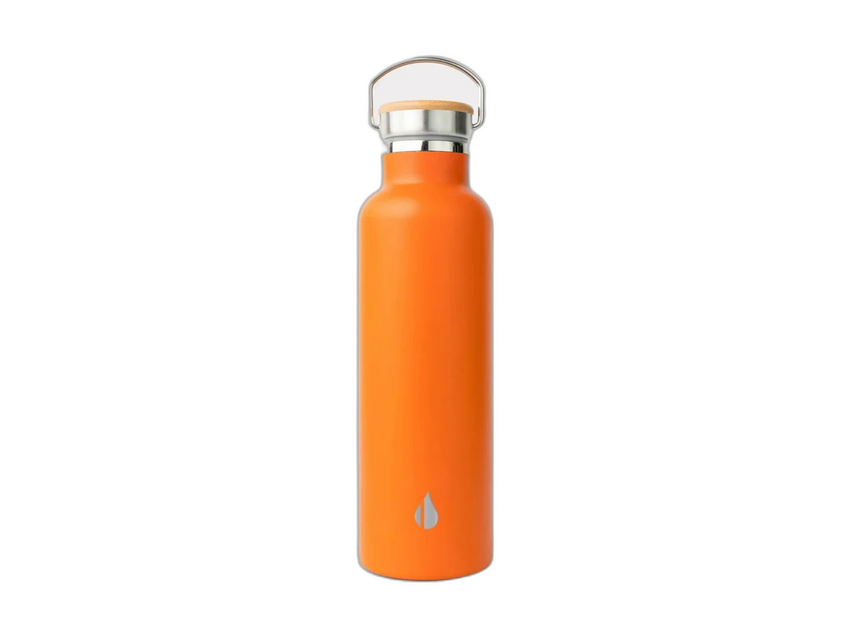 Orange Elemental Bottles Classic 25oz bottle with its bamboo cap.
