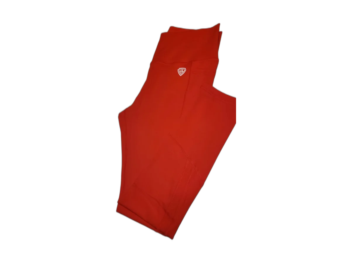 Folded red Elita leggings with contour stitching