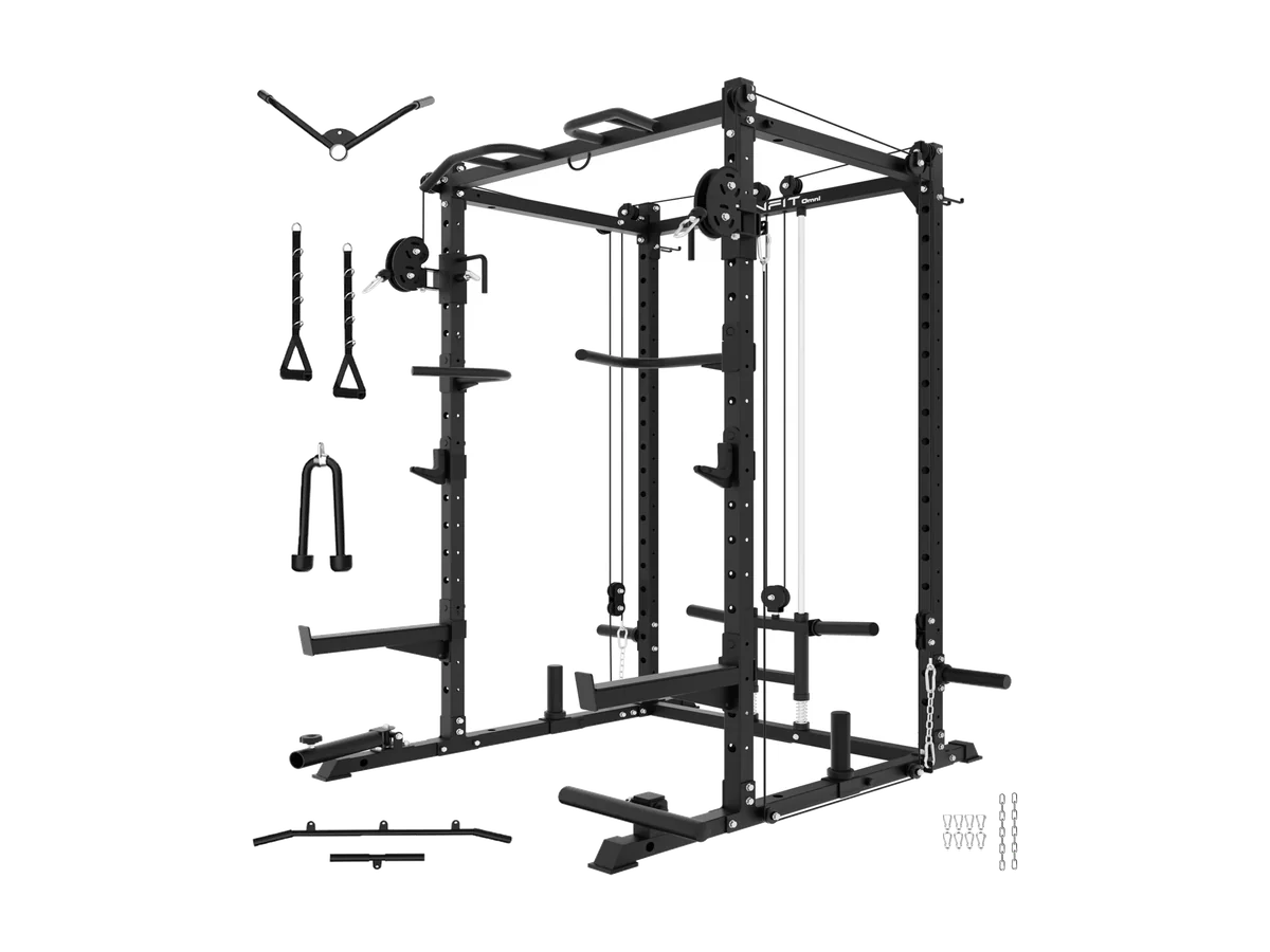 Black EonfitOmni E2 2.0 power rack with included cable handles and attachments
