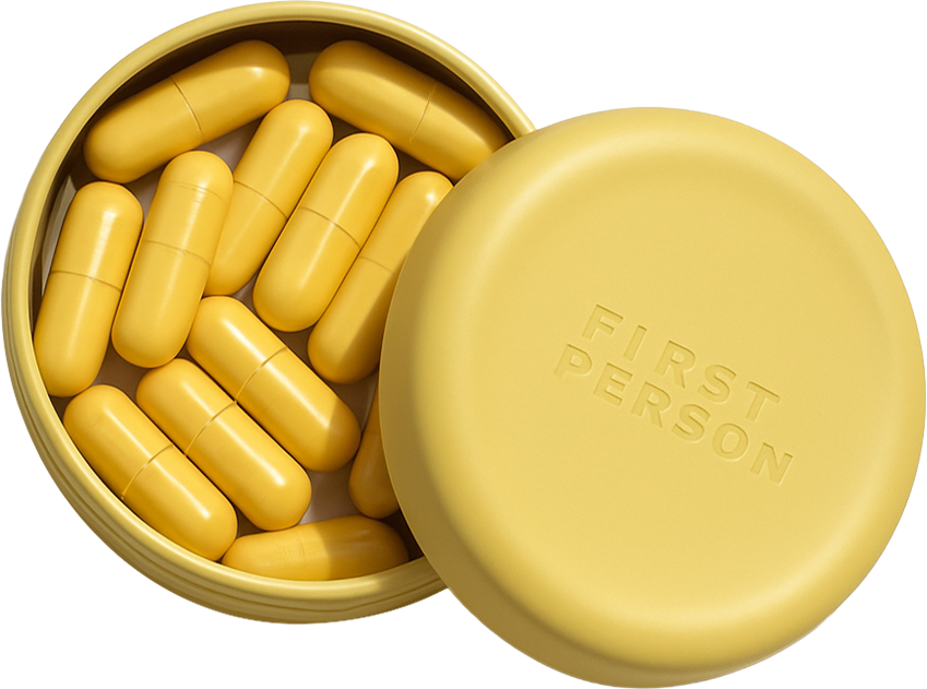 Open First Person Sunbeam tin with yellow capsules on a transparent background.