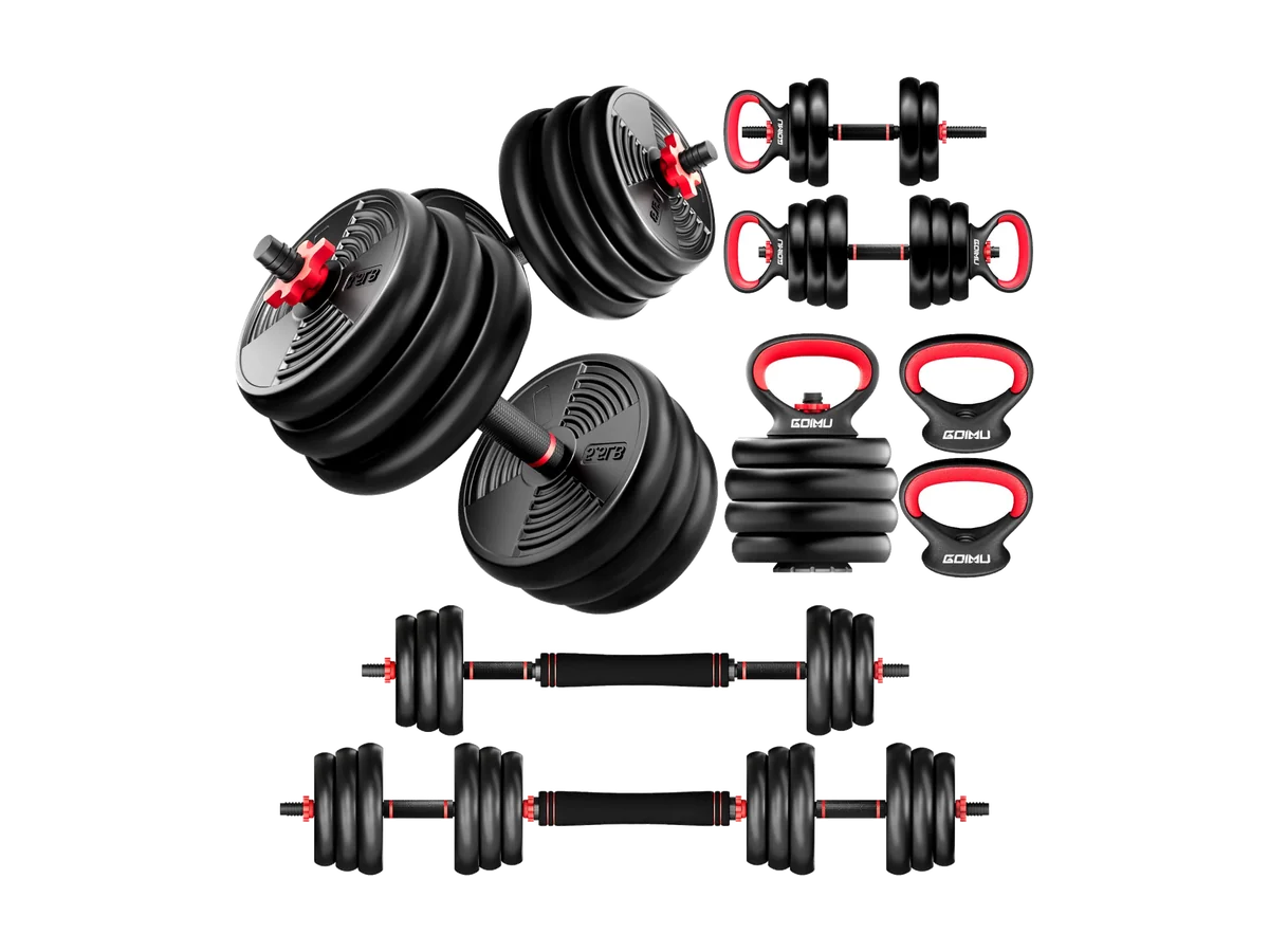 GOIMU AB01 adjustable dumbbell plates, handles, and connectors on a transparent background