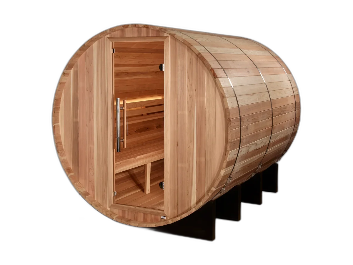 Golden Designs Klosters six-person outdoor cedar barrel sauna with support feet