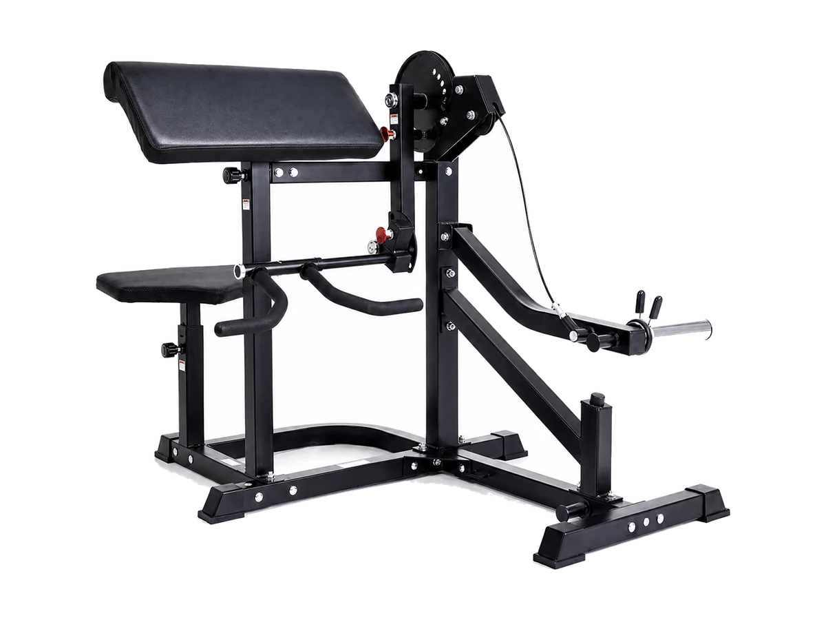 Gymusclo plate-loaded bicep and tricep machine with preacher pad, seat and cable arm, product-only view.
