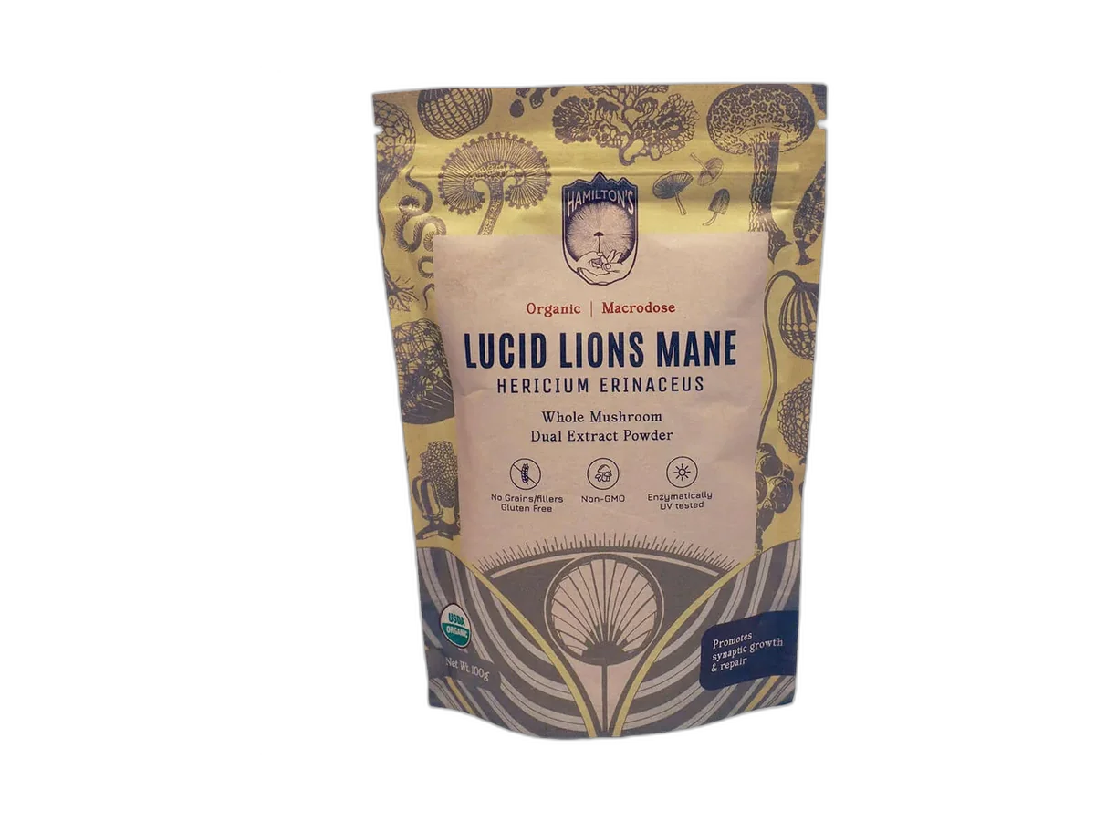 Hamilton's Mushrooms Organic Lucid Lion's Mane powder pouch isolated on a transparent background