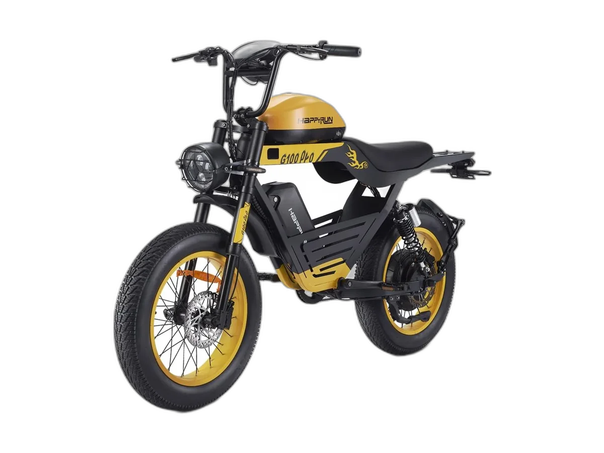 HappyRun G100 Pro yellow and black electric bike on a transparent background