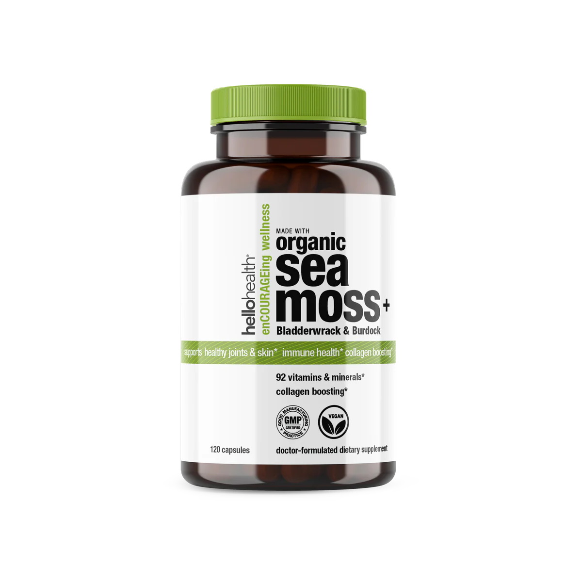 Hello Health Organic Irish Sea Moss, Bladderwrack and Burdock Capsules, 120-count bottle.