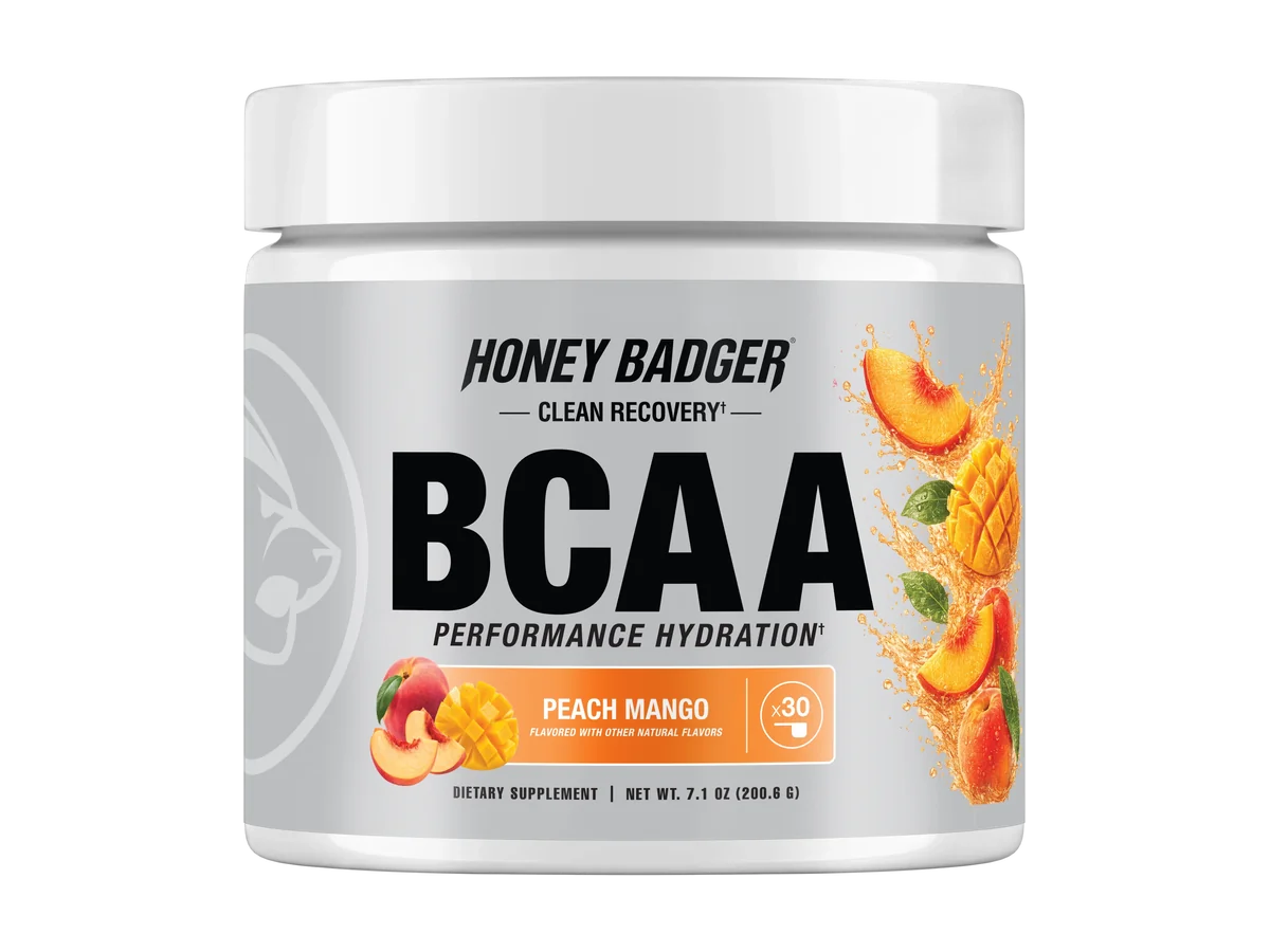 Honey Badger BCAA Peach Mango tub cut out on a transparent background