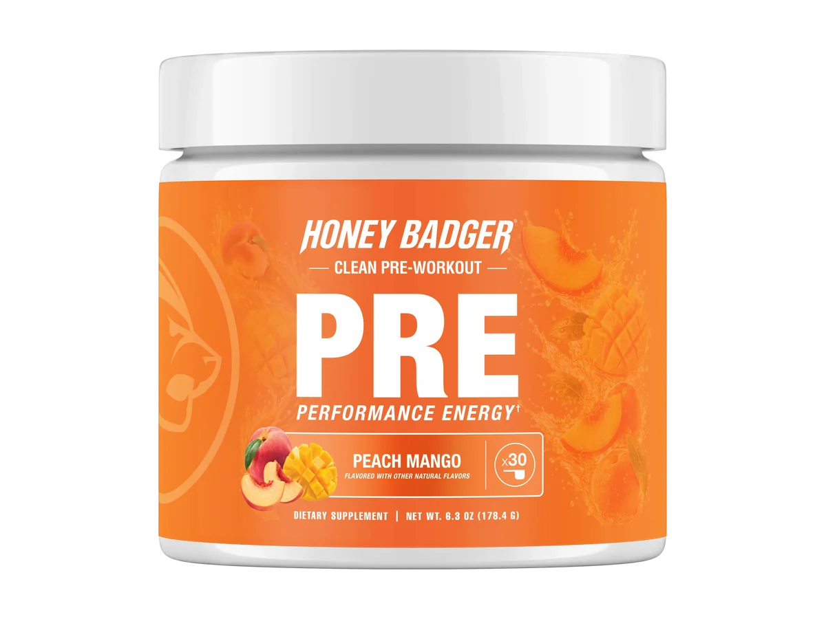 Honey Badger Peach Mango pre-workout tub on a transparent background