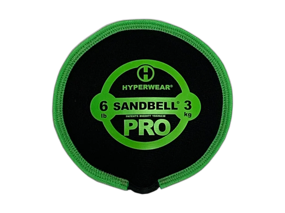 Black Hyperwear SandBell PRO with green trim and the six-pound label facing forward