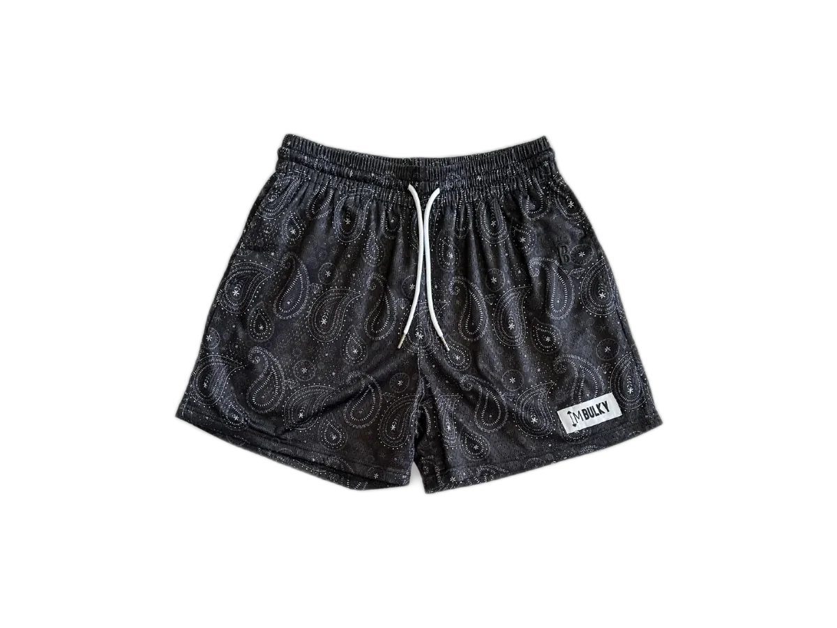 IMBULKY Black Short Paisley men's mesh training shorts isolated on a transparent background.