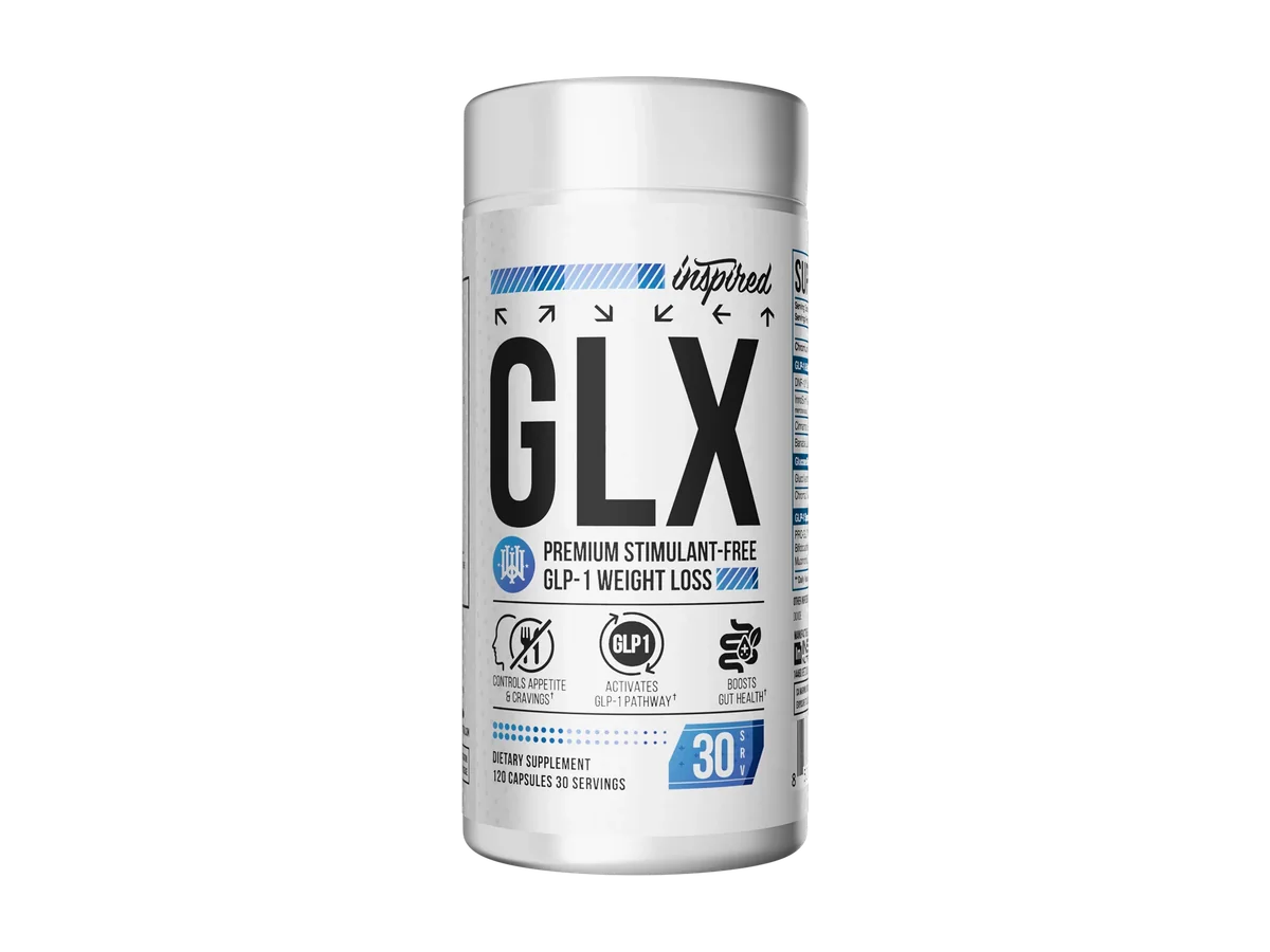 Inspired Nutraceuticals GLX supplement bottle isolated on a transparent background