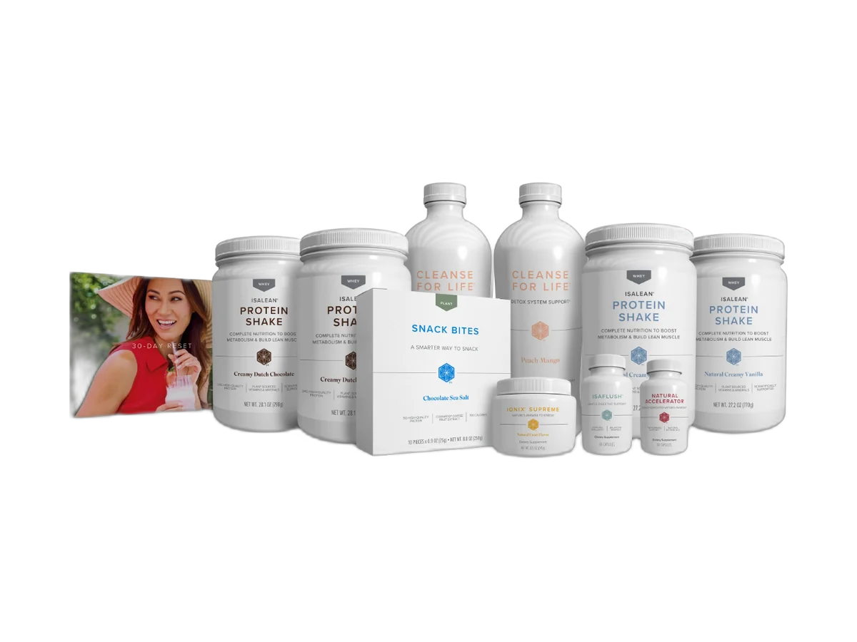 Isagenix 30-Day Reset system with protein shakes, cleanse bottles, snack bites, and guide.