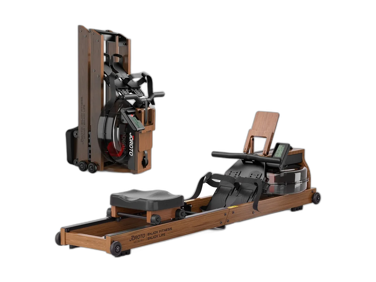 JOROTO MR280PRO water rower shown unfolded and folded on a transparent background