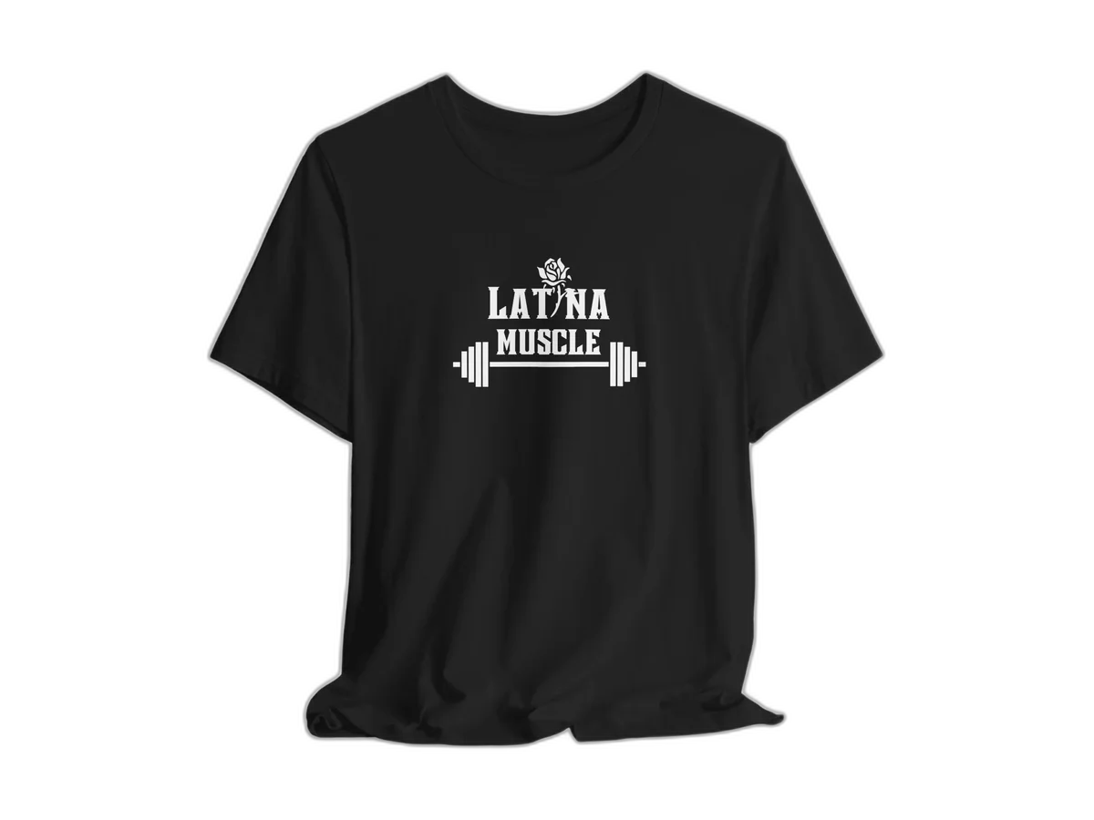 Black Latina Muscle Rose Edition cotton tee isolated on a transparent background