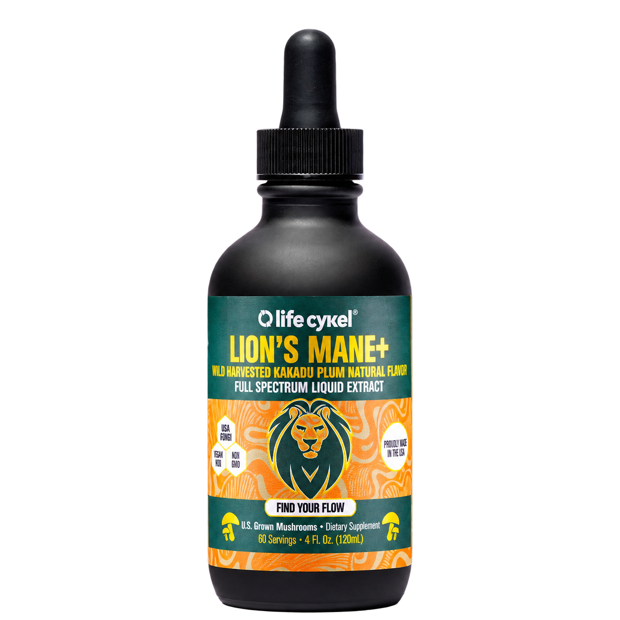 Life Cykel Lion’s Mane+ 4 oz liquid extract dropper bottle isolated on a transparent background.