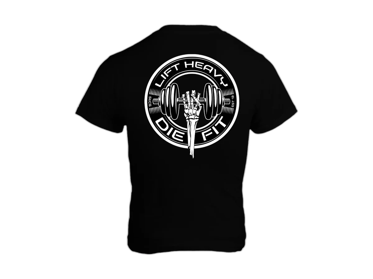 Lift Heavy Die Fit black weightlifting graphic t-shirt on a transparent background