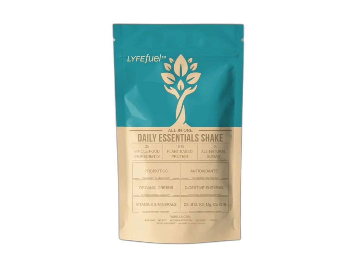 LyfeFuel Essentials Nutrition Shake pouch in Vanilla Chai.
