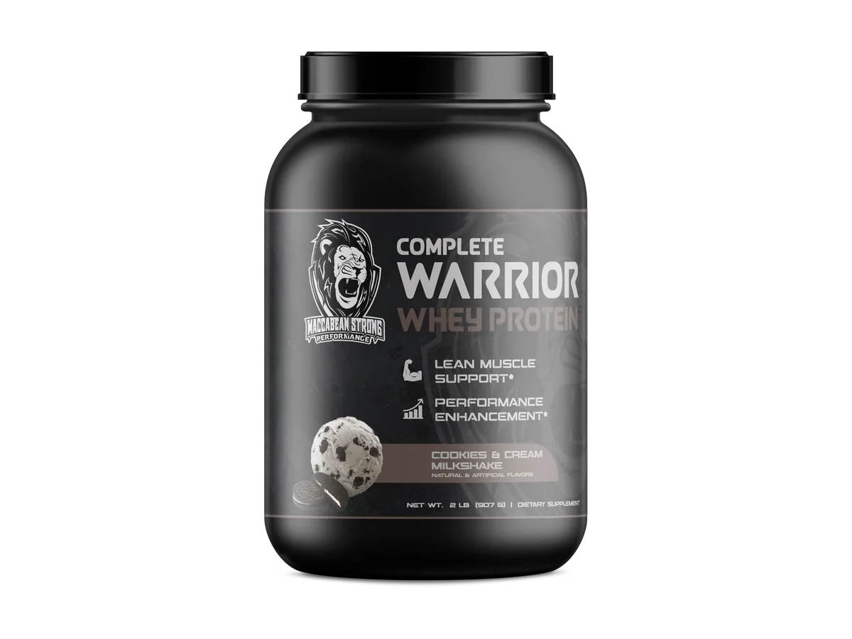 Maccabean Strong Performance Whey Cookies and Cream protein tub