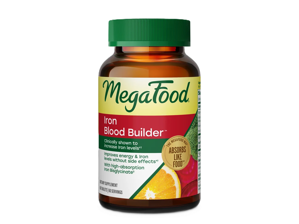 MegaFood Blood Builder iron supplement bottle with green cap and red label.