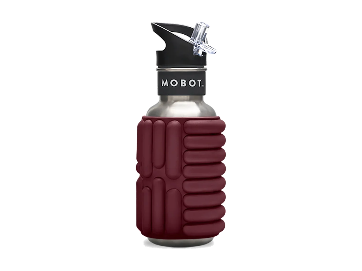 MOBOT Firecracker Beet foam-roller bottle shown upright with its textured rolling sleeve.