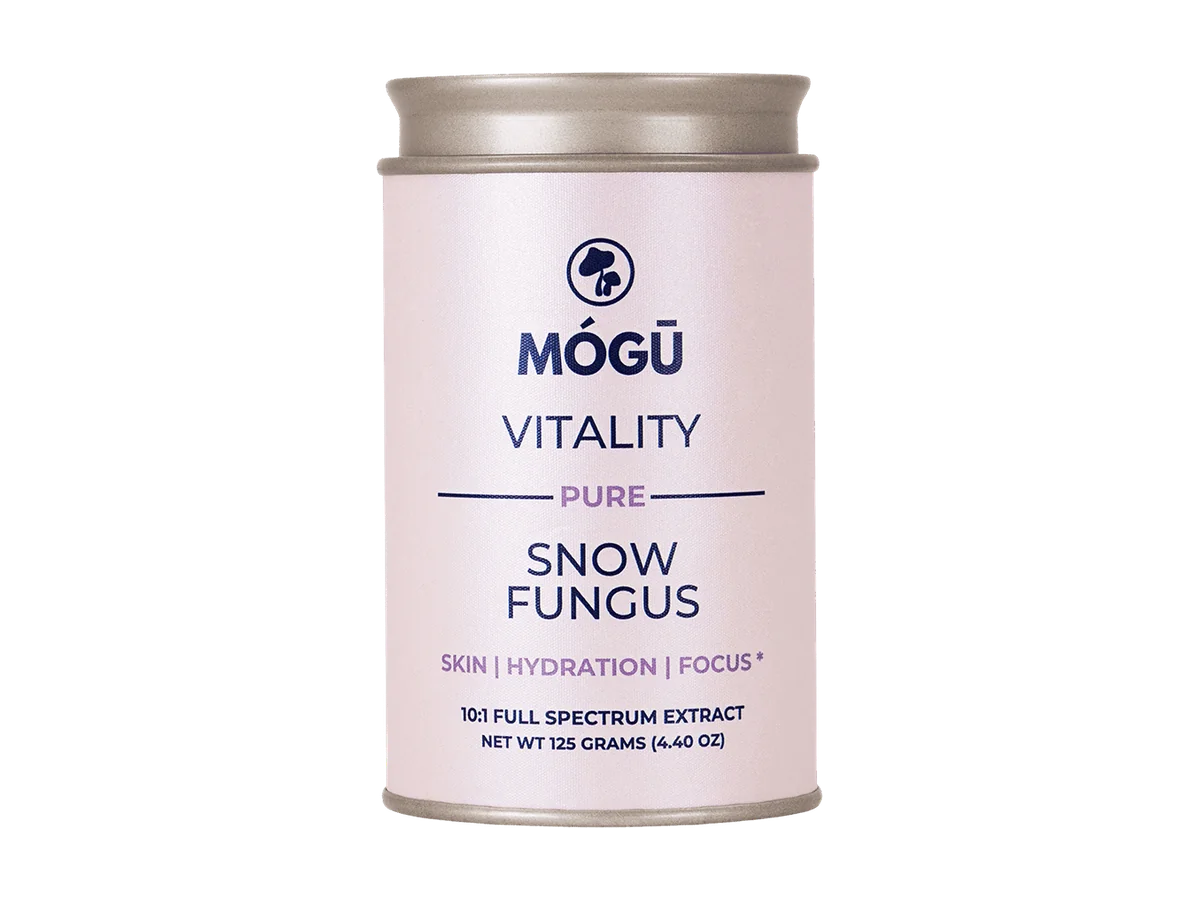Front view of a Mógū Vitality Snow Fungus powder canister.