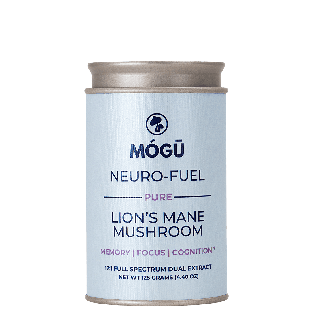 Mógū Organic Lion’s Mane powder container isolated on a transparent background.