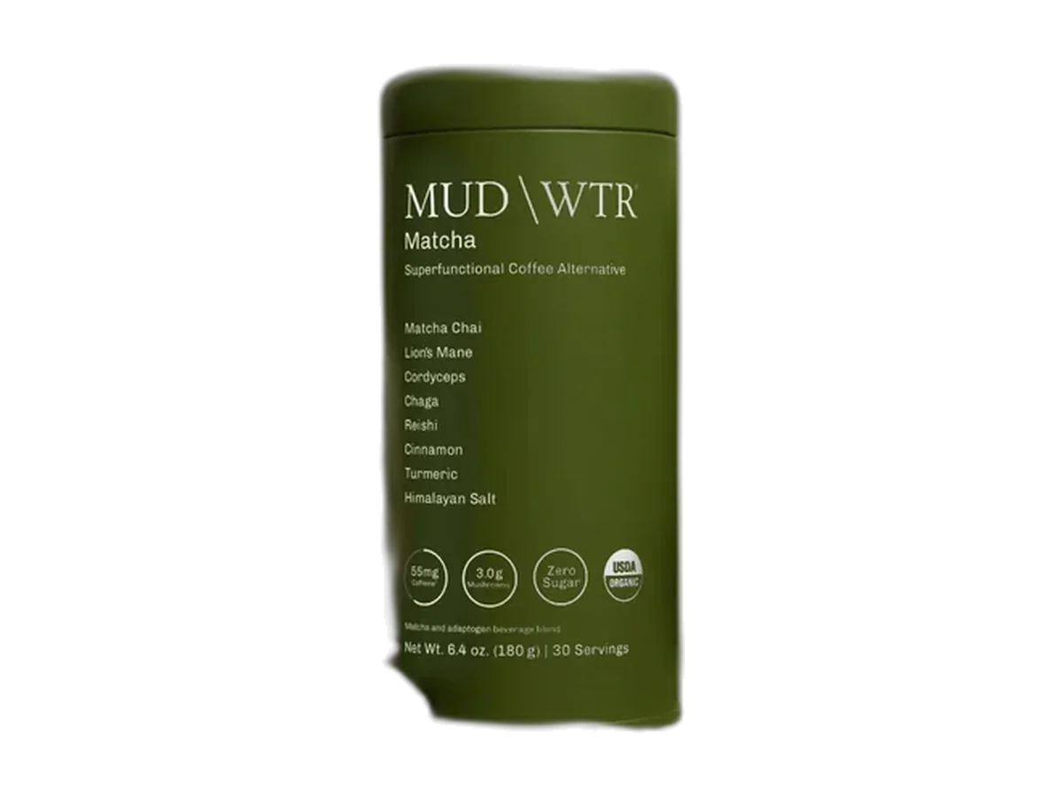 MUD/WTR Matcha 30-serving tin isolated on a transparent background.