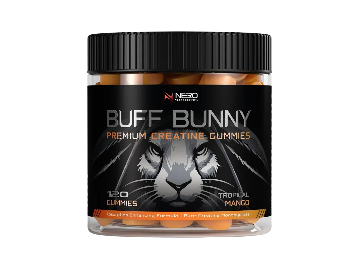 NeRo Supplements Buff Bunny Tropical Mango creatine gummies in a black-lid jar on a transparent background.