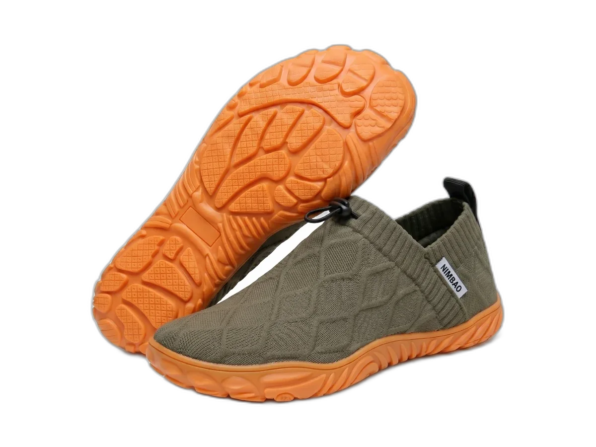 Nimbao Cloud Walk slip-on shoes in olive green with orange soles, isolated on a transparent background