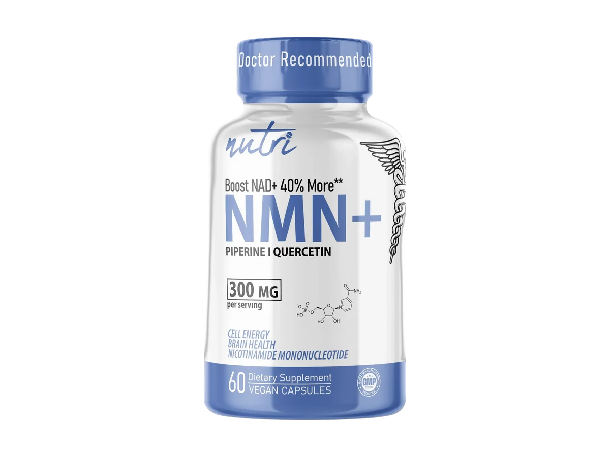 Nutri NMN+ bottle with the 300 mg option shown, isolated on a transparent background