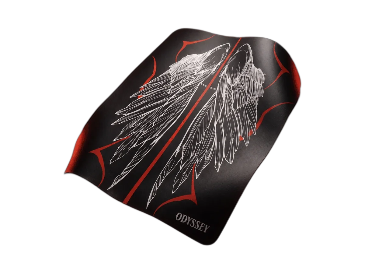 Odyssey Bench Mat V2 with wing artwork on a transparent background