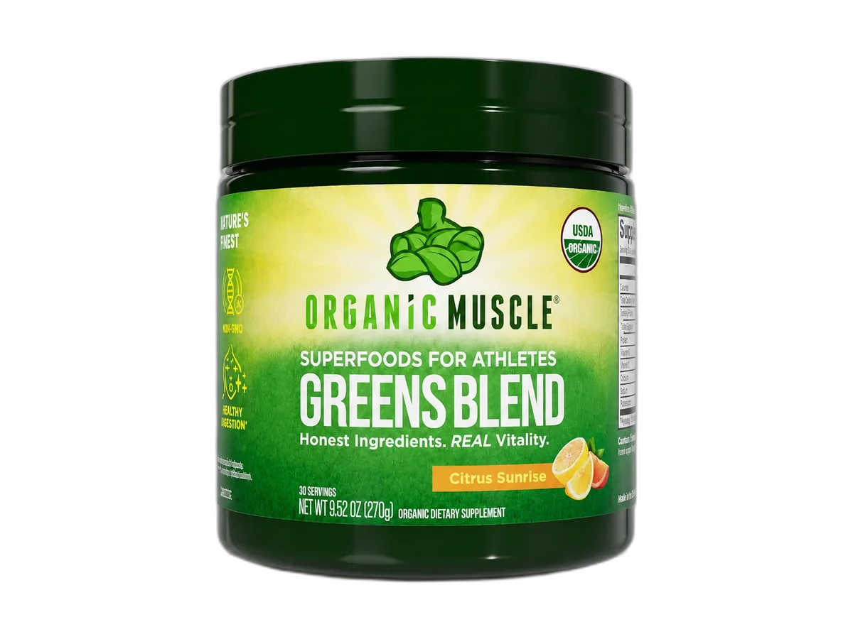 Organic Muscle Greens Blend Citrus Sunrise jar isolated on a transparent background.