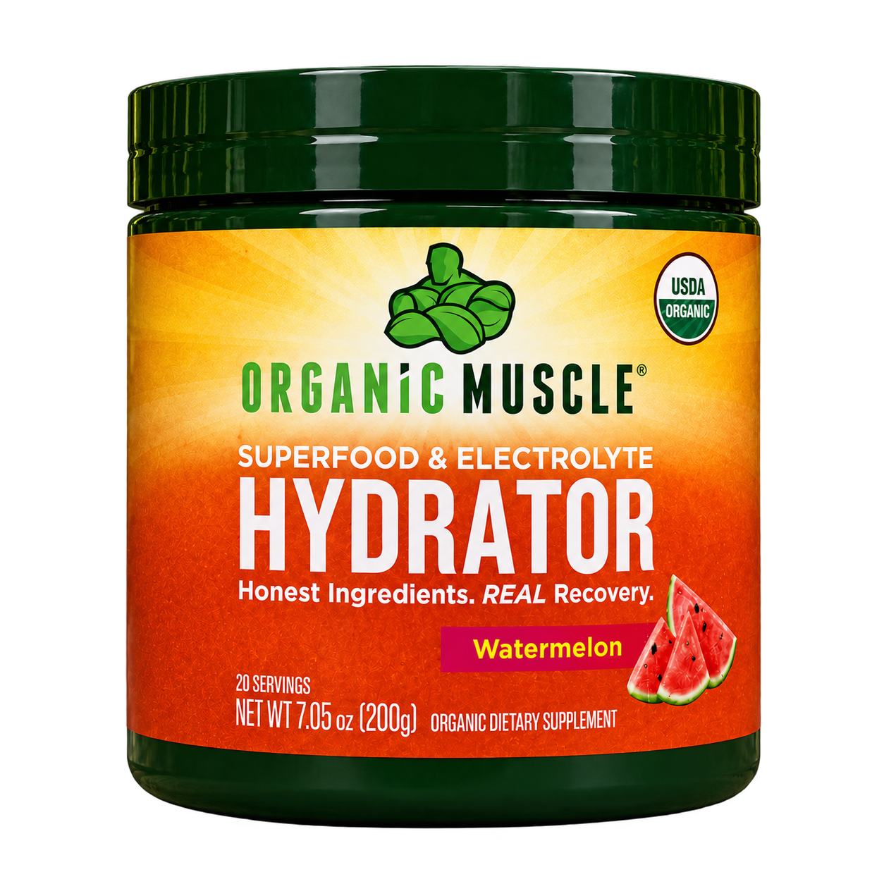 Organic Muscle Hydrator watermelon 20-serving pouch, cleanly isolated on a transparent background.