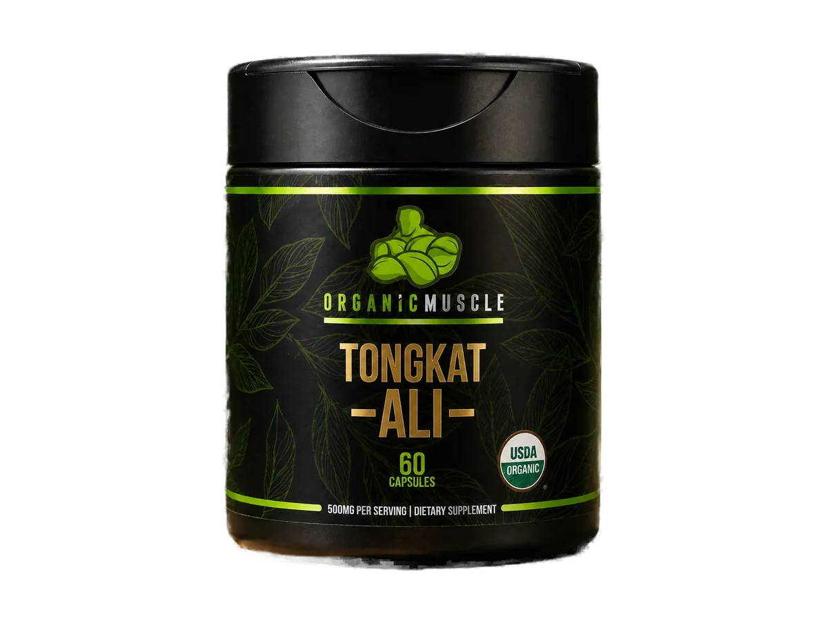 Organic Muscle Tongkat Ali bottle isolated on a transparent background